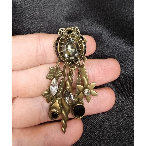 Rare Find Vintage Sorrelli Gold-Tone Crystal Dangle Brooch With Intricate Charms - Picture 6 of 7